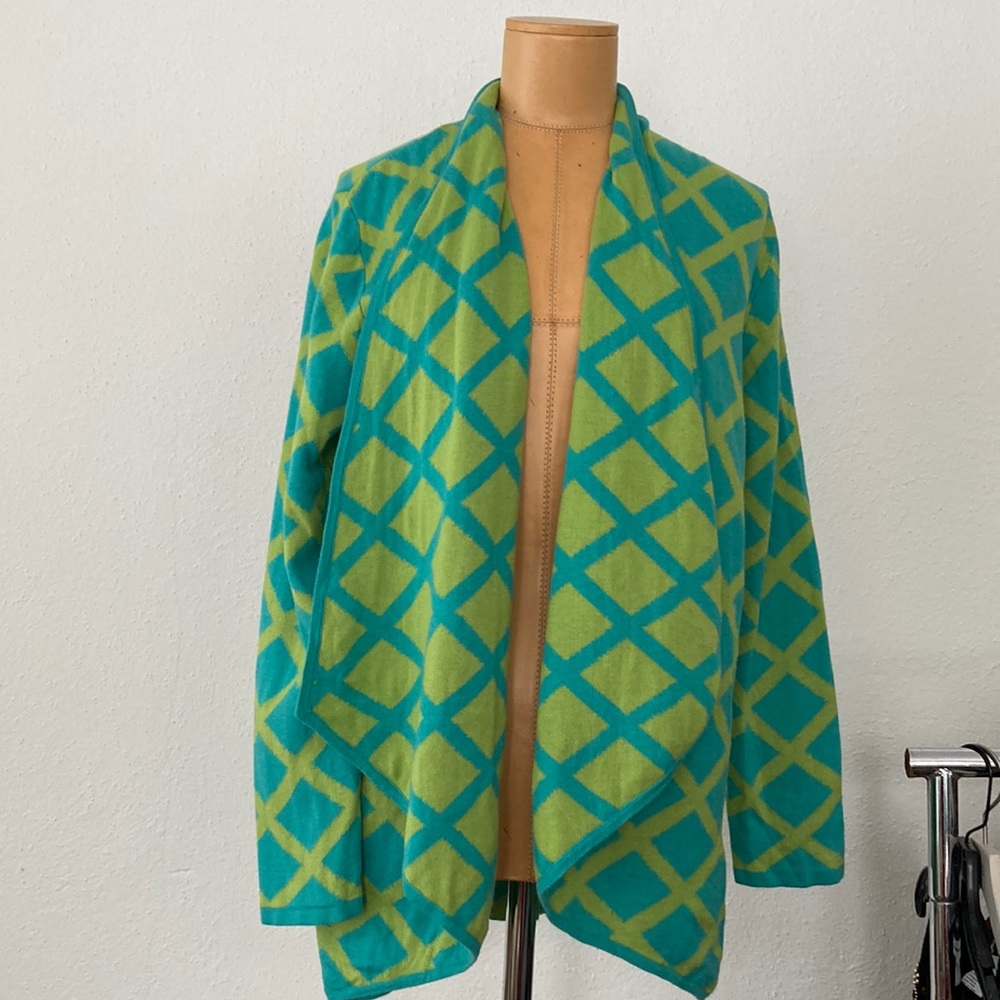 Susan Garver Bright Turquoise and Lime Size Medium Geometric Sweater